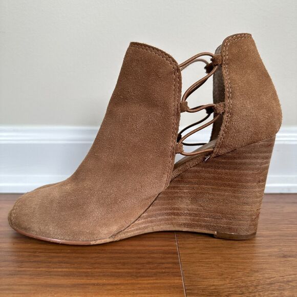 Lucky Brand Reevas Suede Peep Toe Wedge Ankle Booties Shoes Brown Size 7.5 - Picture 3 of 11
